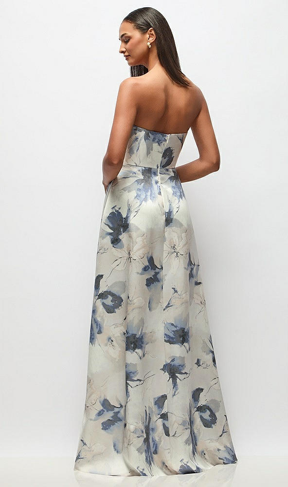 Back View - Inkwash Blue Floral Strapless Hand-Pleated Bodice Floral Satin Maxi Dress with Full Pleated Skirt