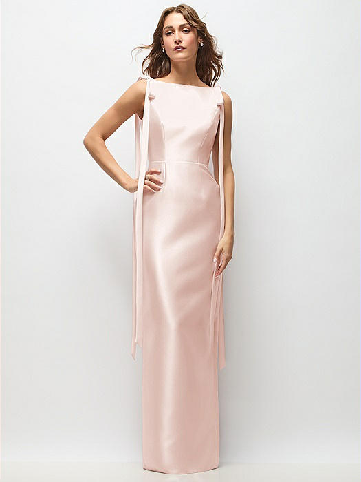Bateau Neck Satin Column Maxi Dress with Exaggerated Tail Bow Straps