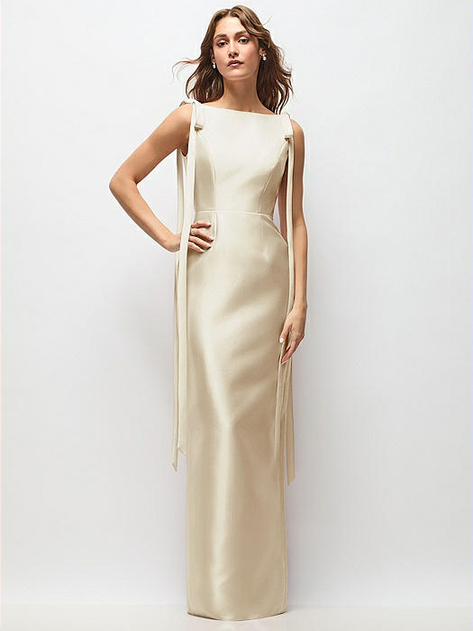 Bateau Neck Satin Column Maxi Dress with Exaggerated Tail Bow Straps