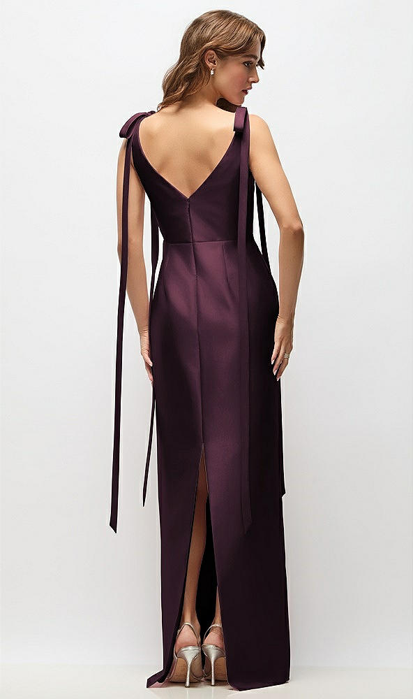 Back View - Deep Plum Bateau Neck Satin Column Maxi Dress with Exaggerated Tail Bow Straps