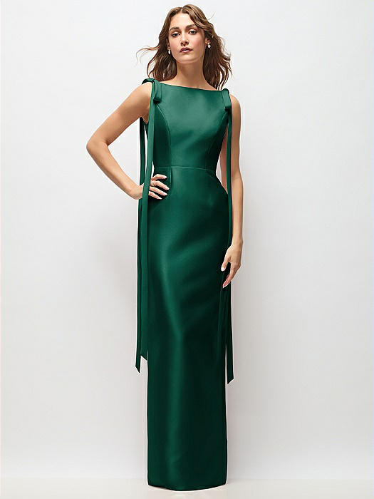 Bateau Neck Satin Column Maxi Dress with Exaggerated Tail Bow Straps