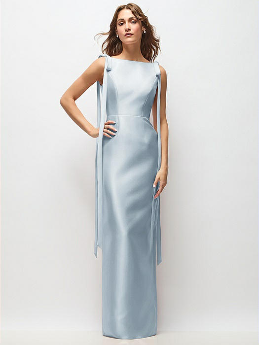 Bateau Neck Satin Column Maxi Dress with Exaggerated Tail Bow Straps