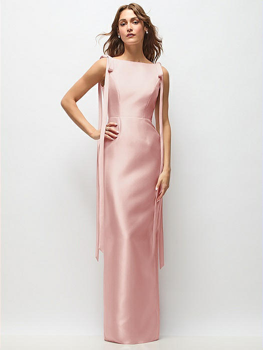 Bateau Neck Satin Column Maxi Dress with Exaggerated Tail Bow Straps
