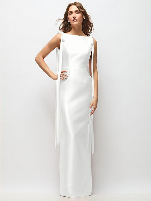Bateau Neck Satin Column Maxi Dress with Exaggerated Tail Bow Straps