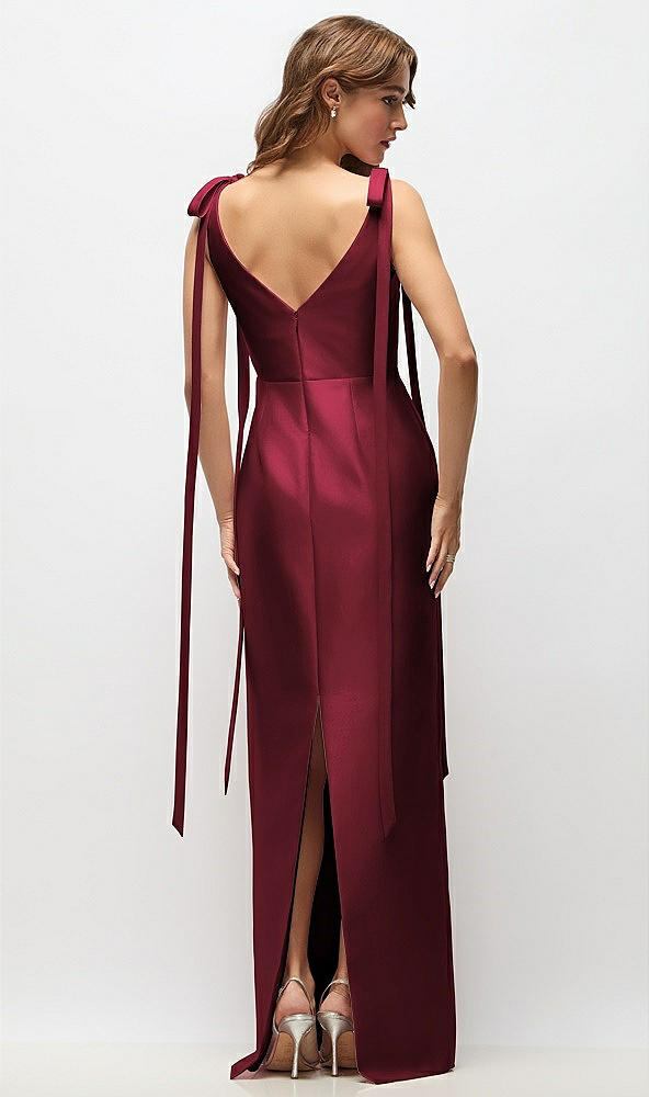 Back View - Cabernet Bateau Neck Satin Column Maxi Dress with Exaggerated Tail Bow Straps
