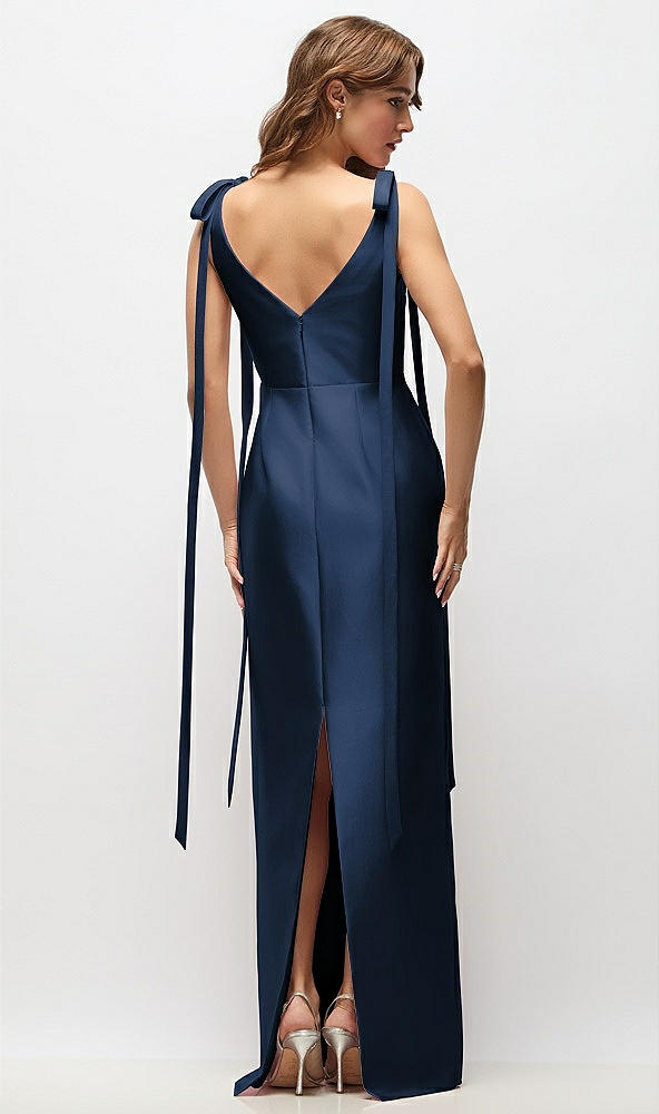 Back View - Midnight Navy Bateau Neck Satin Column Maxi Dress with Exaggerated Tail Bow Straps