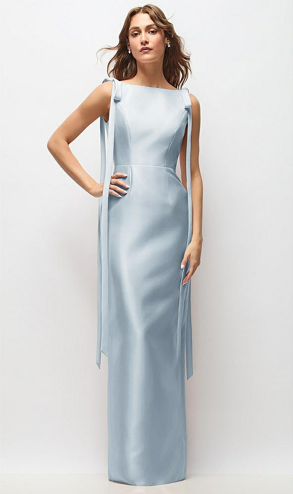 Front View - Mist Bateau Neck Satin Column Maxi Dress with Exaggerated Tail Bow Straps