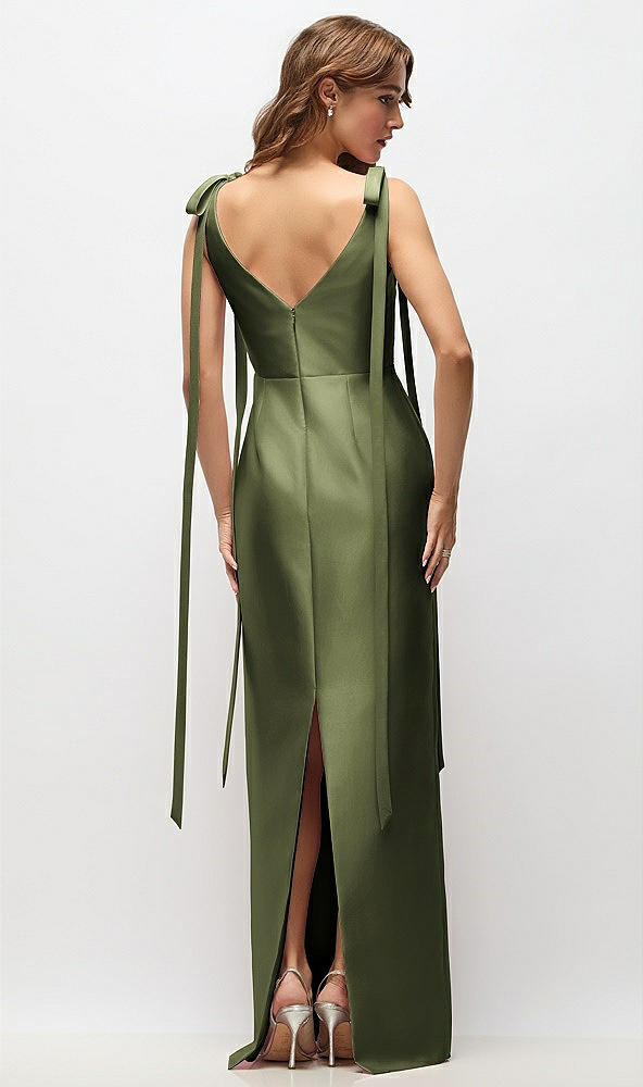 Back View - Olive Green Bateau Neck Satin Column Maxi Dress with Exaggerated Tail Bow Straps