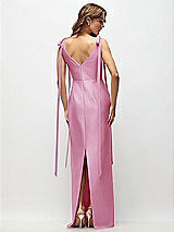 Rear View Thumbnail - Powder Pink Bateau Neck Satin Column Maxi Dress with Exaggerated Tail Bow Straps