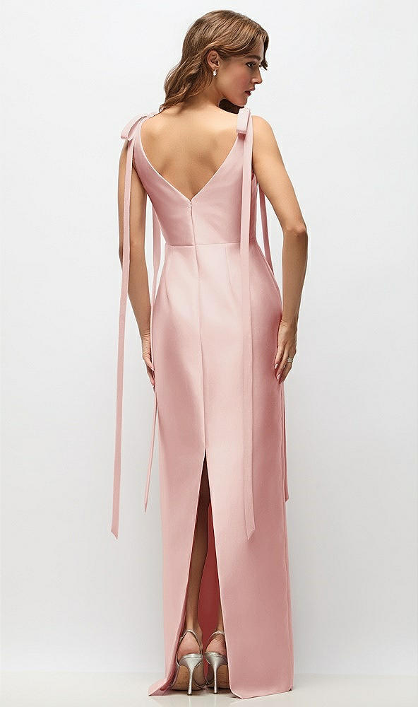 Back View - Rose Bateau Neck Satin Column Maxi Dress with Exaggerated Tail Bow Straps
