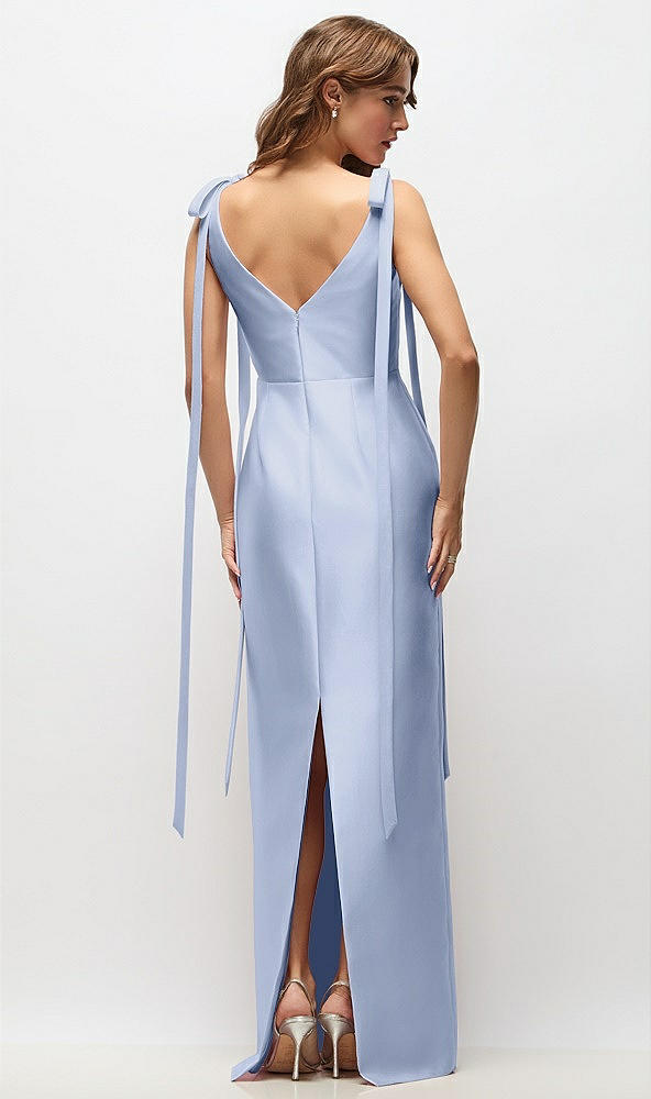 Back View - Sky Blue Bateau Neck Satin Column Maxi Dress with Exaggerated Tail Bow Straps