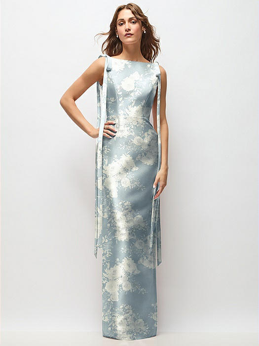 Floral Bateau Neck Satin Column Maxi Dress with Exaggerated Tail Bow Straps