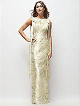 Front View Thumbnail - Butter Yellow Floral Floral Bateau Neck Satin Column Maxi Dress with Exaggerated Tail Bow Straps