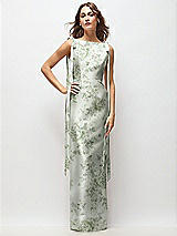 Front View Thumbnail - Sage Cottage Rose Floral Bateau Neck Satin Column Maxi Dress with Exaggerated Tail Bow Straps