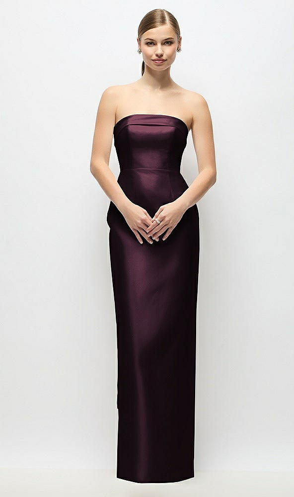 Back View - Deep Plum Strapless Cuff Satin Maxi Dress with Column Skirt & Back Bow 