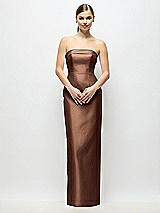 Rear View Thumbnail - Cognac Strapless Cuff Satin Maxi Dress with Column Skirt & Back Bow 