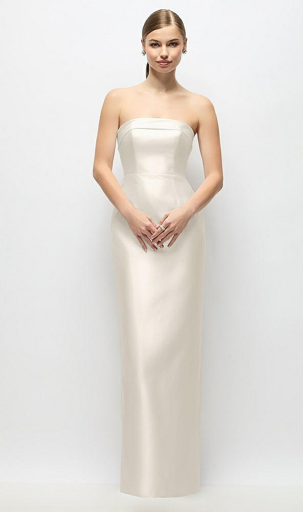 Back View - Ivory Strapless Cuff Satin Maxi Dress with Column Skirt & Back Bow 