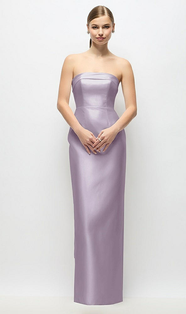 Back View - Lilac Haze Strapless Cuff Satin Maxi Dress with Column Skirt & Back Bow 