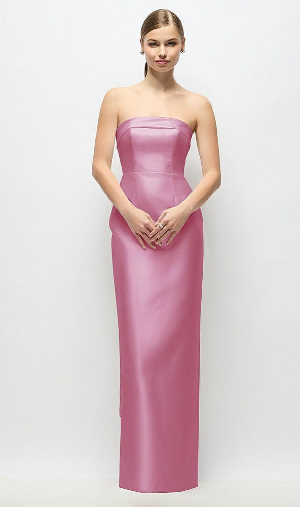 Back View - Powder Pink Strapless Cuff Satin Maxi Dress with Column Skirt & Back Bow 
