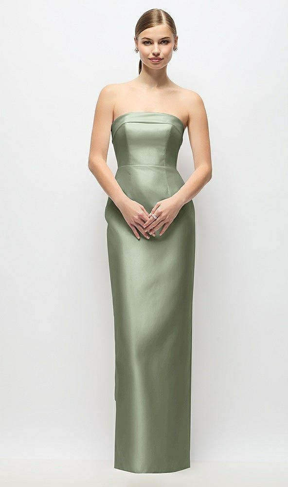 Back View - Sage Strapless Cuff Satin Maxi Dress with Column Skirt & Back Bow 