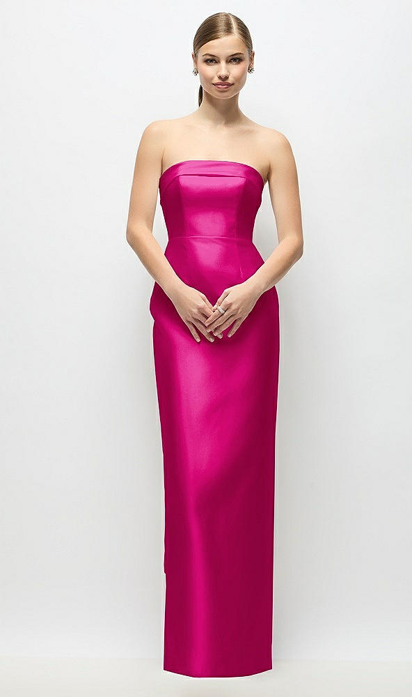 Back View - Think Pink Strapless Cuff Satin Maxi Dress with Column Skirt & Back Bow 