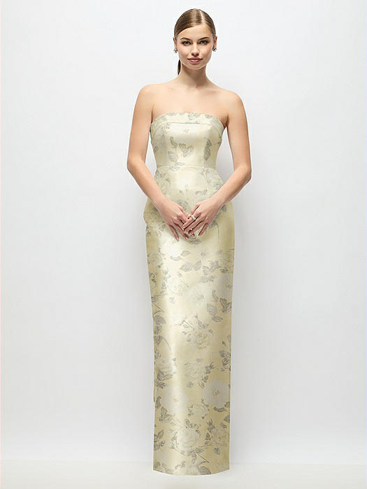Strapless Cuff Floral Satin Maxi Dress with Column Skirt & Back Bow 