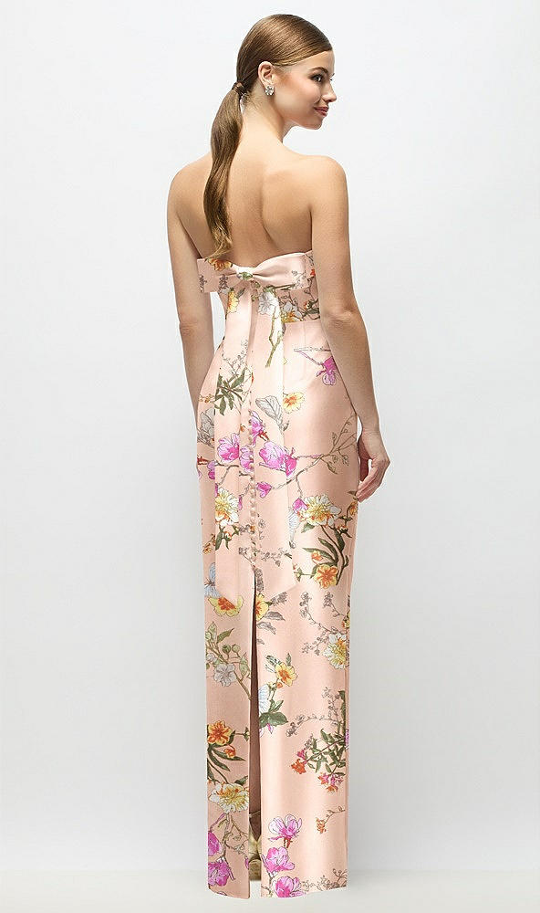 Back View - Butterfly Botanica Pink Sand Strapless Cuff Floral Satin Maxi Dress with Column Skirt & Back Bow 