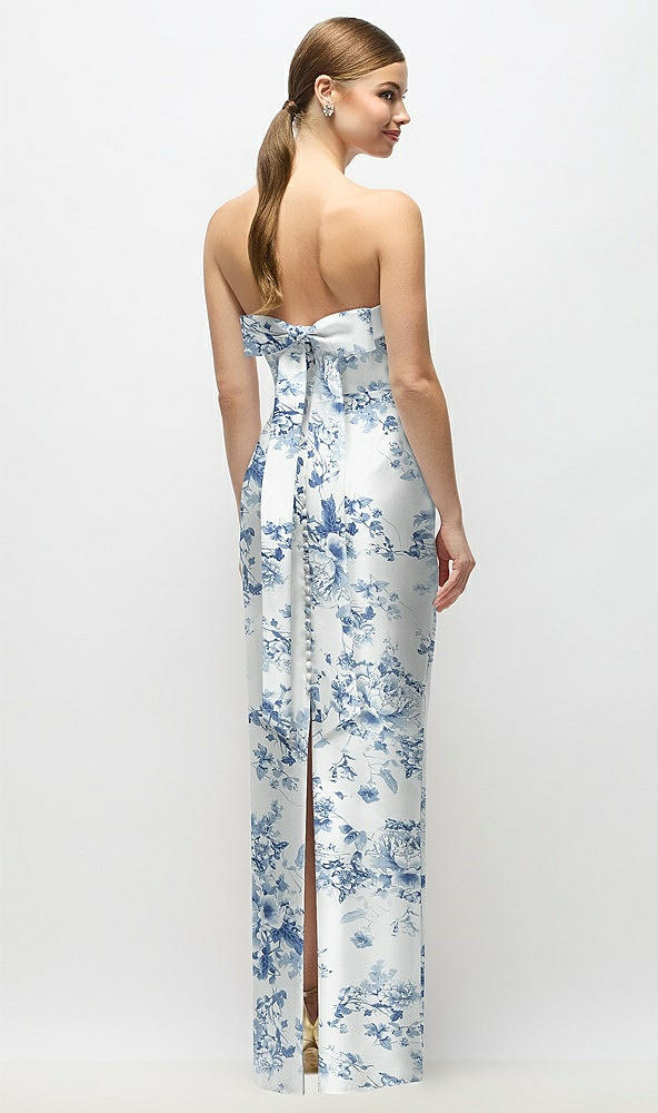 Back View - Cottage Rose Larkspur Strapless Cuff Floral Satin Maxi Dress with Column Skirt & Back Bow 