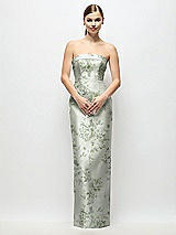 Front View Thumbnail - Sage Cottage Rose Strapless Cuff Floral Satin Maxi Dress with Column Skirt & Back Bow 