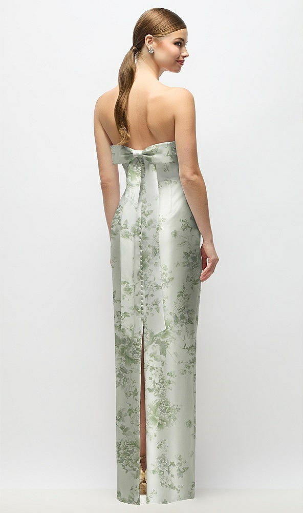 Back View - Sage Cottage Rose Strapless Cuff Floral Satin Maxi Dress with Column Skirt & Back Bow 