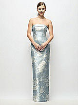Front View Thumbnail - Porcelain Blue Seraphina Floral Strapless Cuff Floral Satin Maxi Dress with Column Skirt & Back Bow 