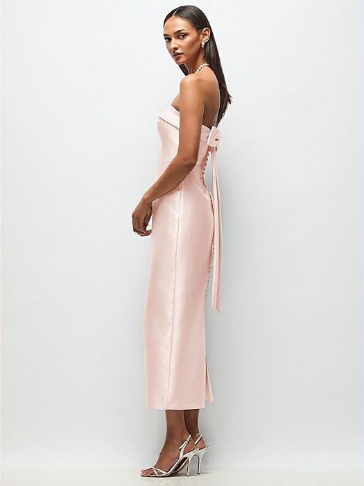 Strapless Cuff Satin Midi Dress with Column Skirt & Back Bow 