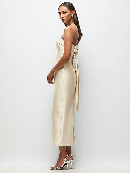 Strapless Cuff Satin Midi Dress with Column Skirt & Back Bow 