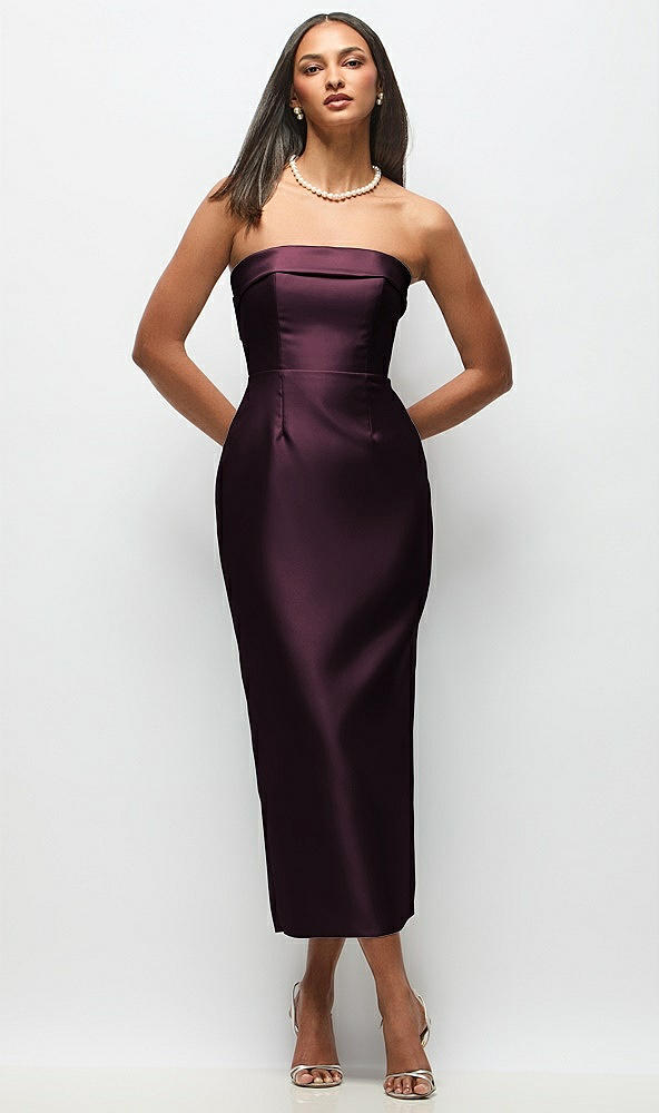 Back View - Deep Plum Strapless Cuff Satin Midi Dress with Column Skirt & Back Bow 