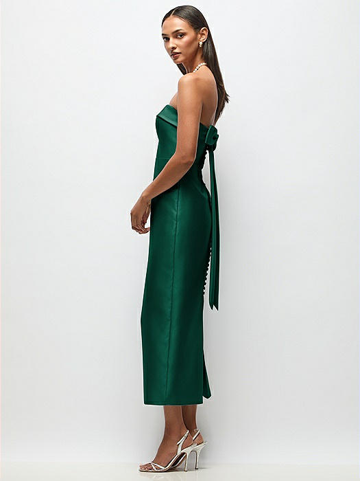 Strapless Cuff Satin Midi Dress with Column Skirt & Back Bow 