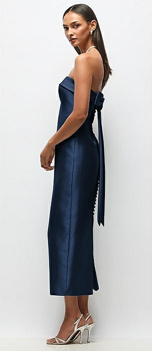 Strapless Cuff Satin Midi Dress with Column Skirt & Back Bow 
