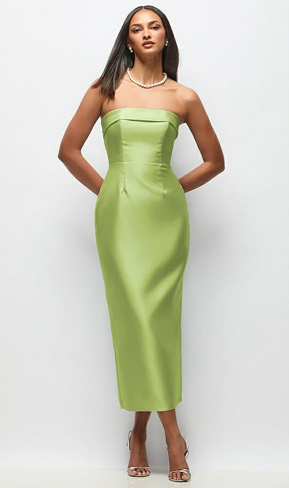 Back View - Mojito Strapless Cuff Satin Midi Dress with Column Skirt & Back Bow 