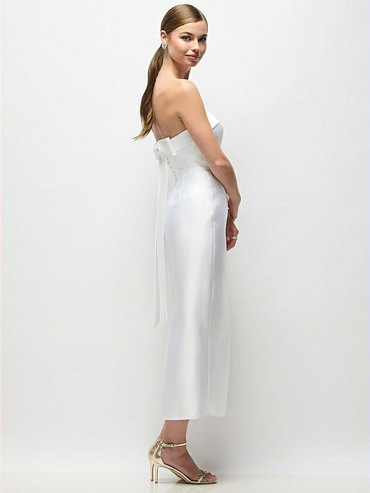 Strapless Cuff Satin Midi Dress with Column Skirt & Back Bow 