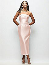 Rear View Thumbnail - Blush Strapless Cuff Satin Midi Dress with Column Skirt & Back Bow 
