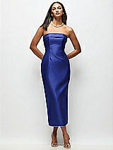 Rear View Thumbnail - Cobalt Blue Strapless Cuff Satin Midi Dress with Column Skirt & Back Bow 