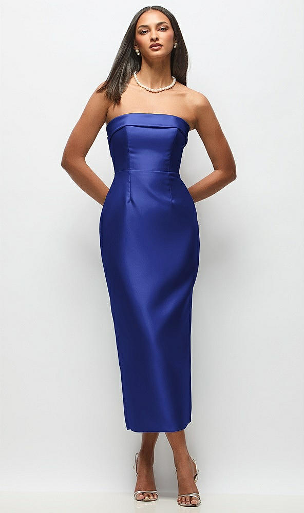 Back View - Cobalt Blue Strapless Cuff Satin Midi Dress with Column Skirt & Back Bow 
