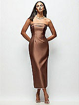 Rear View Thumbnail - Cognac Strapless Cuff Satin Midi Dress with Column Skirt & Back Bow 