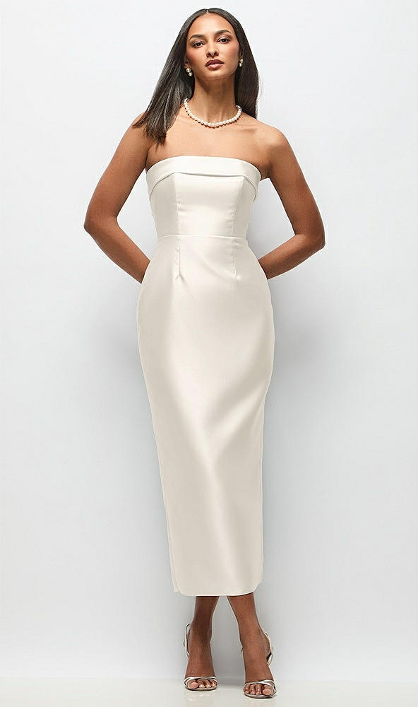 Back View - Ivory Strapless Cuff Satin Midi Dress with Column Skirt & Back Bow 