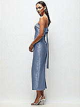 Front View Thumbnail - Larkspur Blue Strapless Cuff Satin Midi Dress with Column Skirt & Back Bow 