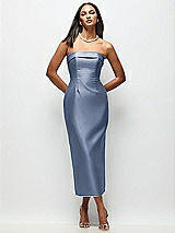 Rear View Thumbnail - Larkspur Blue Strapless Cuff Satin Midi Dress with Column Skirt & Back Bow 