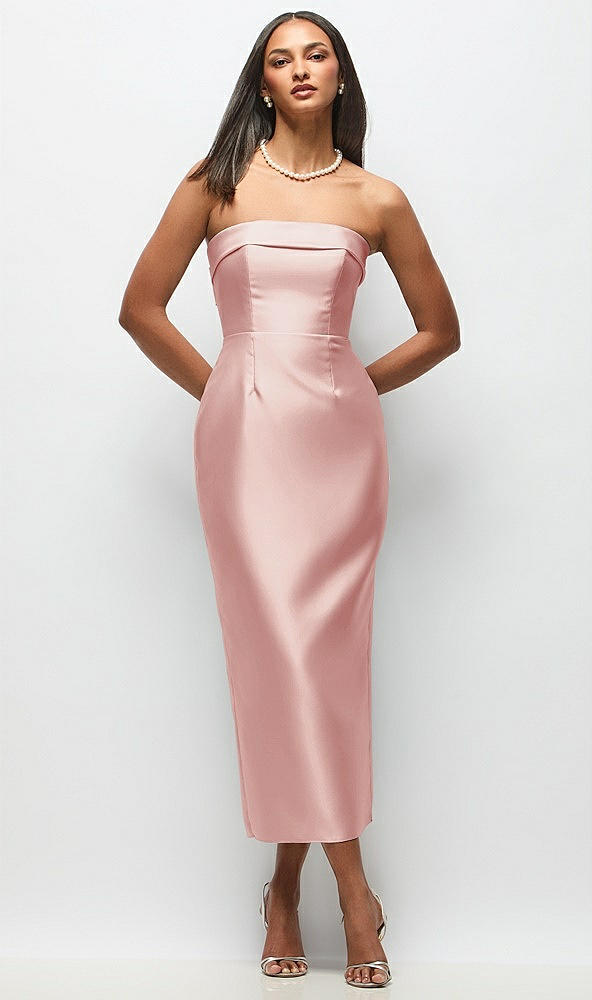 Back View - Rose Strapless Cuff Satin Midi Dress with Column Skirt & Back Bow 