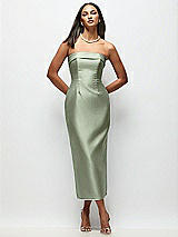 Rear View Thumbnail - Sage Strapless Cuff Satin Midi Dress with Column Skirt & Back Bow 