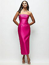 Rear View Thumbnail - Think Pink Strapless Cuff Satin Midi Dress with Column Skirt & Back Bow 