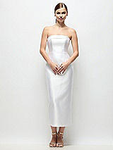 Rear View Thumbnail - White Strapless Cuff Satin Midi Dress with Column Skirt & Back Bow 