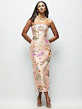 Front View Thumbnail - Butterfly Botanica Pink Sand Strapless Cuff Floral Satin Midi Dress with Column Skirt & Back Bow 